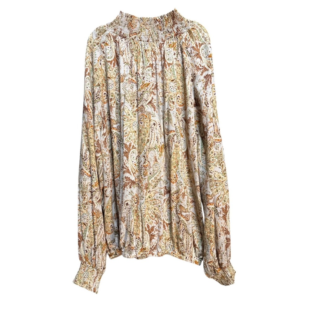 Mainstrip Paisley Blouse Large Boho Smocked Neck Long Sleeve Top Comfort Womens